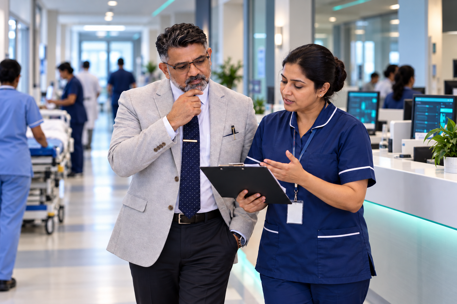 Hospital administrator and nurse discussing patient flow and department coordination in a hospital corridor
