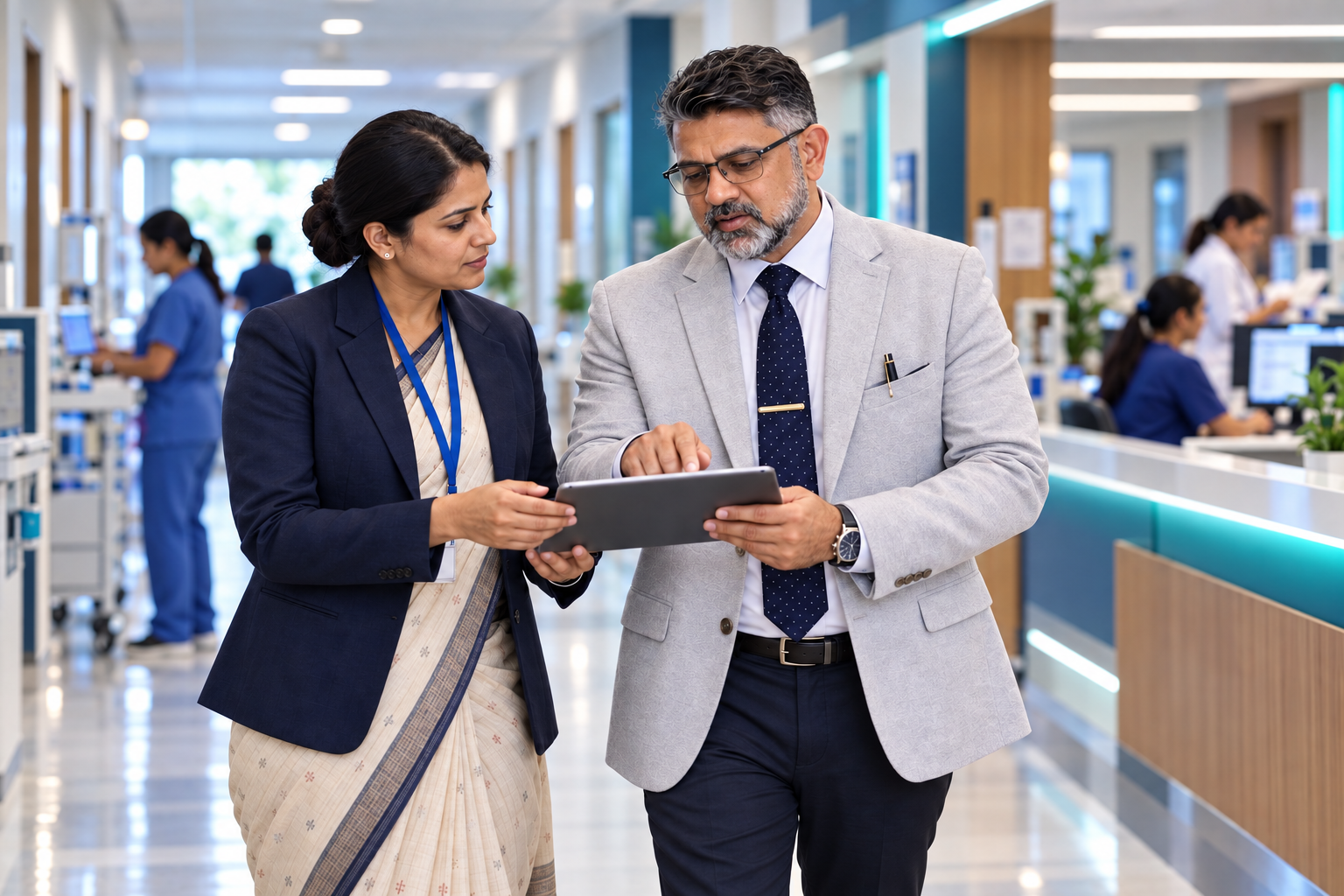 Hospital management consultant reviewing operational data with a hospital administrator in a hospital corridor
