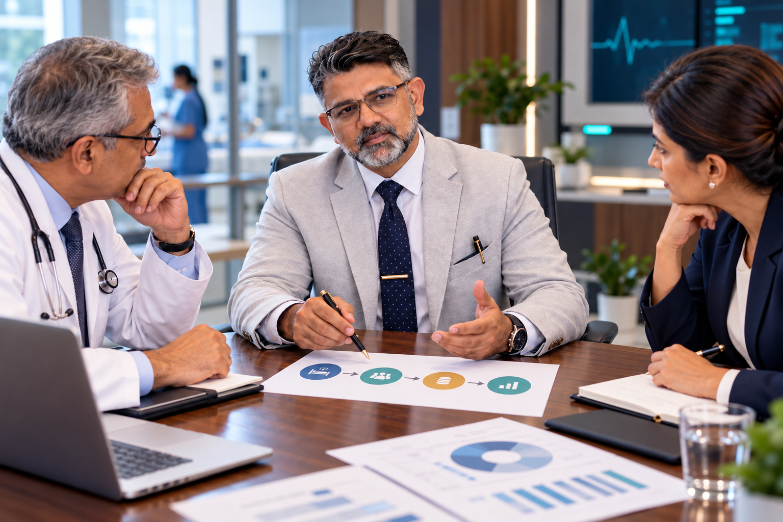 Consultant reviewing a hospital process flow diagram with a doctor and hospital administrator