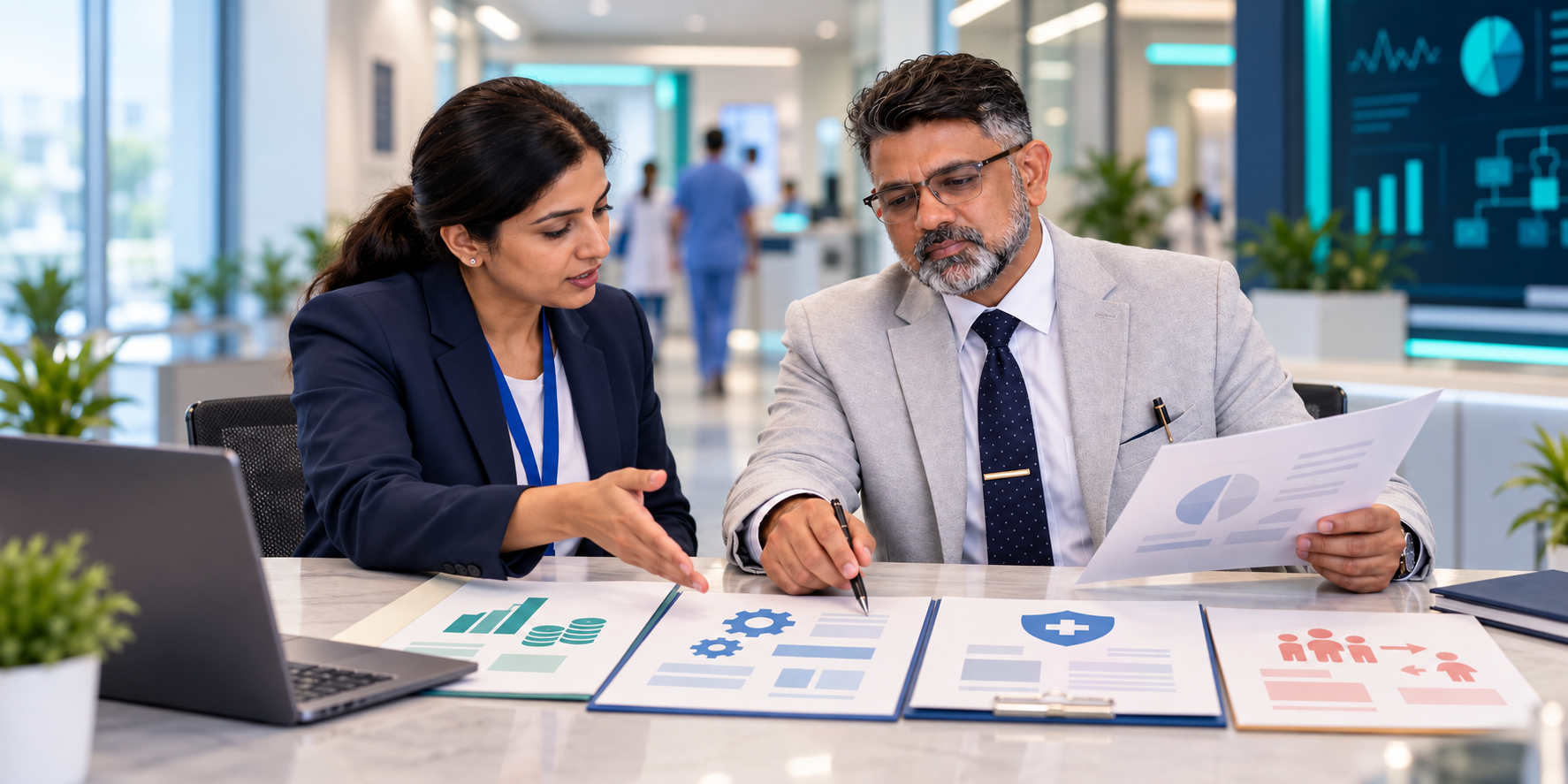 Auditor reviewing finance, operations, compliance and staffing domain summaries with a hospital administrator