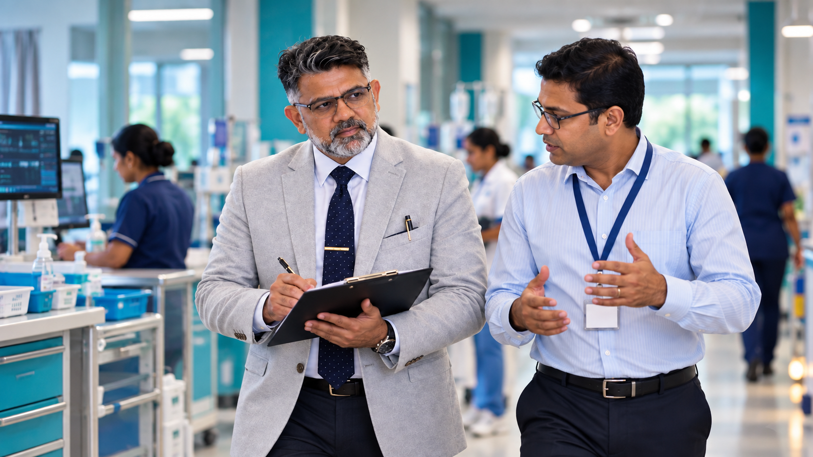 Auditor taking notes on a clipboard while walking through a hospital ward with a department head