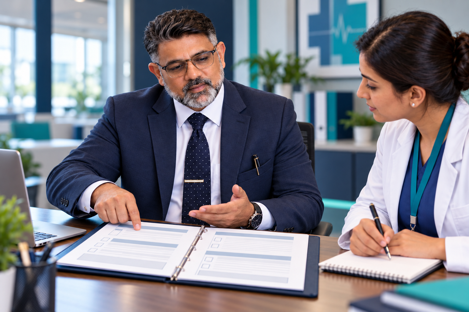 Hospital administrator reviewing a structured SOP binder with a department lead