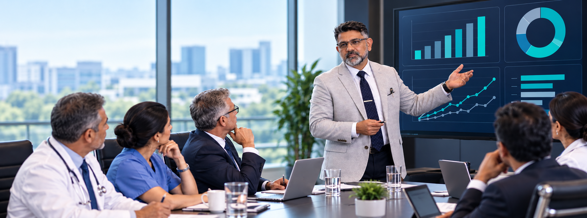 Hospital CEO reviewing an operations dashboard during a management meeting