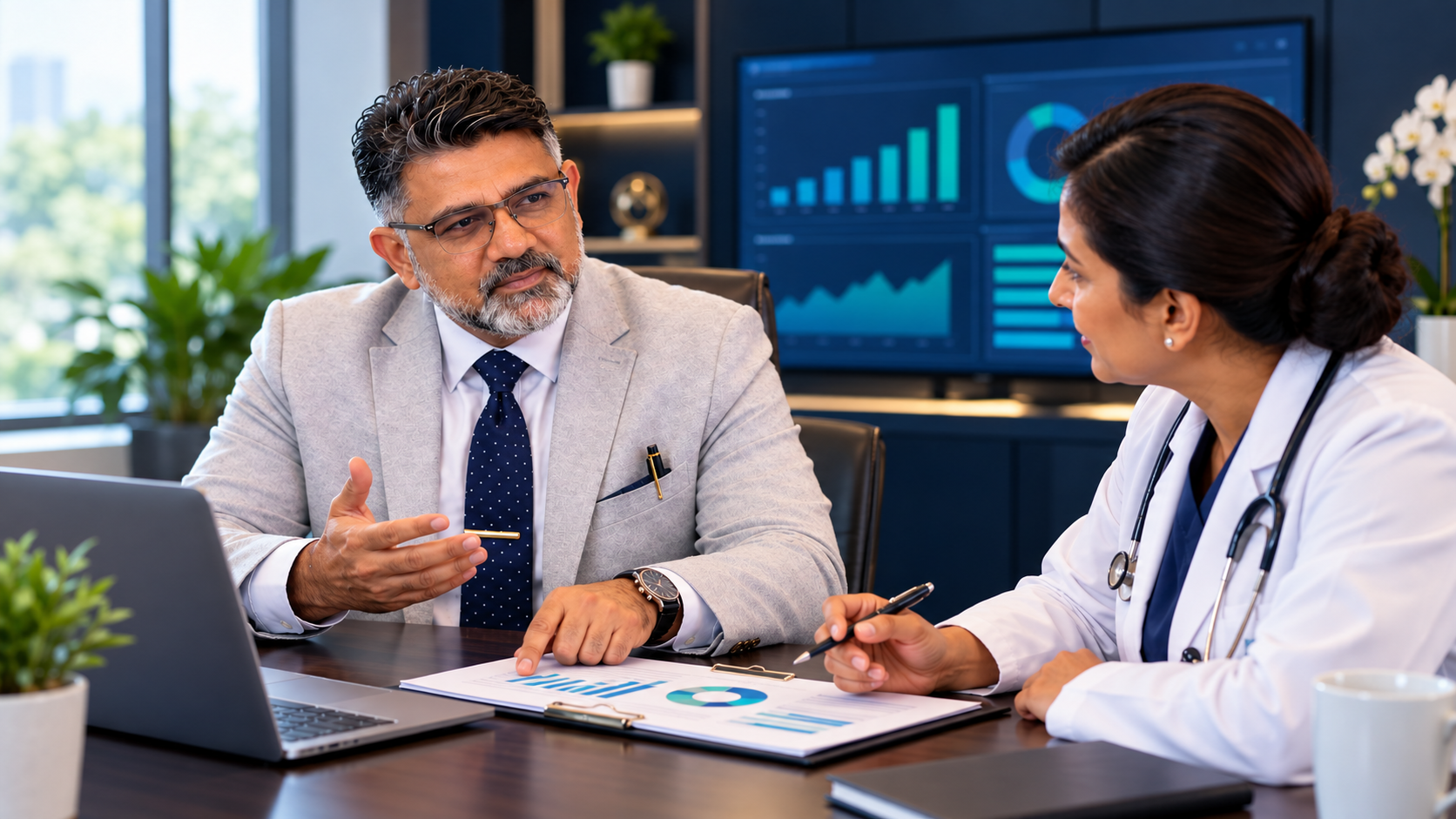 Hospital CEO discussing a dashboard alert follow-up with a doctor