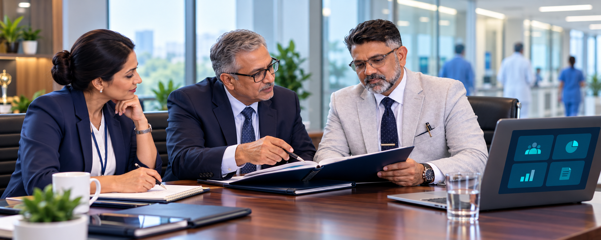Afzal Shaikh reviewing an action plan with a hospital owner and administrator