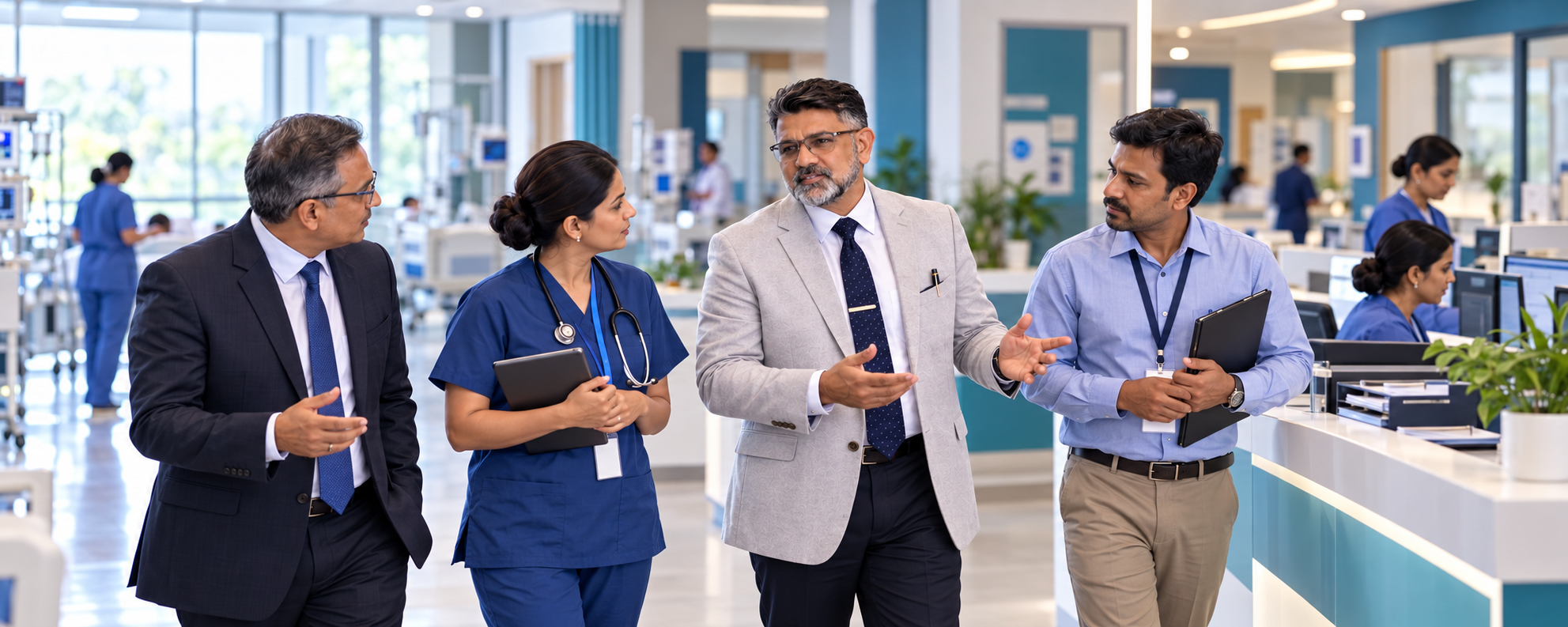 Afzal Shaikh and hospital leaders reviewing operations during a site walkthrough