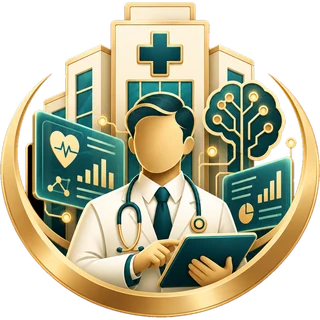 Digital health and AI experts icon: clinician with tablet, health analytics screens and AI network