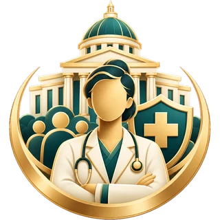 Government and public health professionals icon: doctor in front of a government building with a health shield