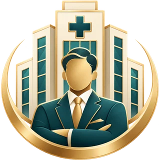 Hospital CEOs and founders icon: executive in front of a hospital building