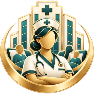 Nursing leadership icon: senior nurse with stethoscope in front of a hospital ward