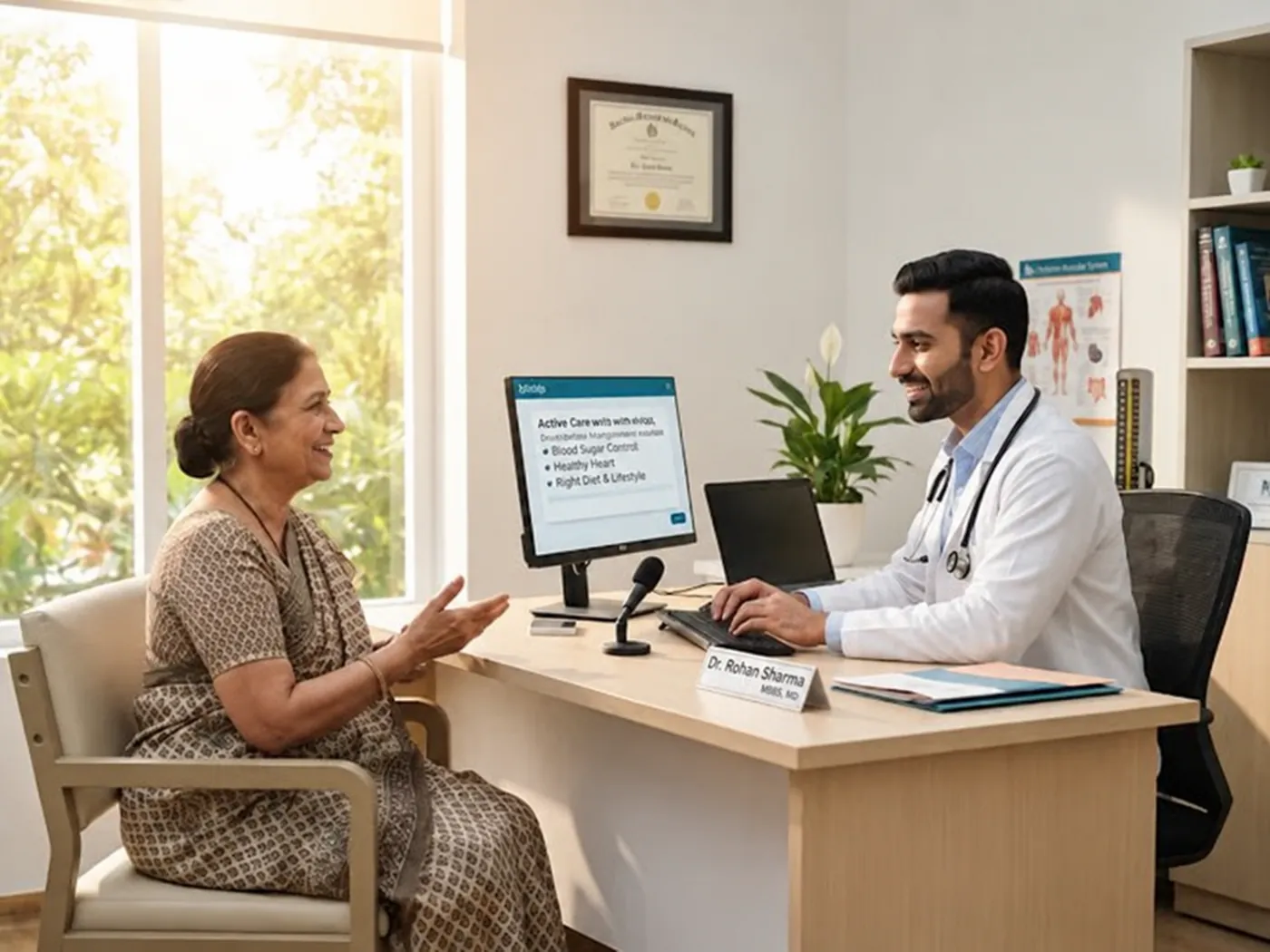 Doctor consulting a patient while a digital screen supports structured, AI-assisted clinical documentation
