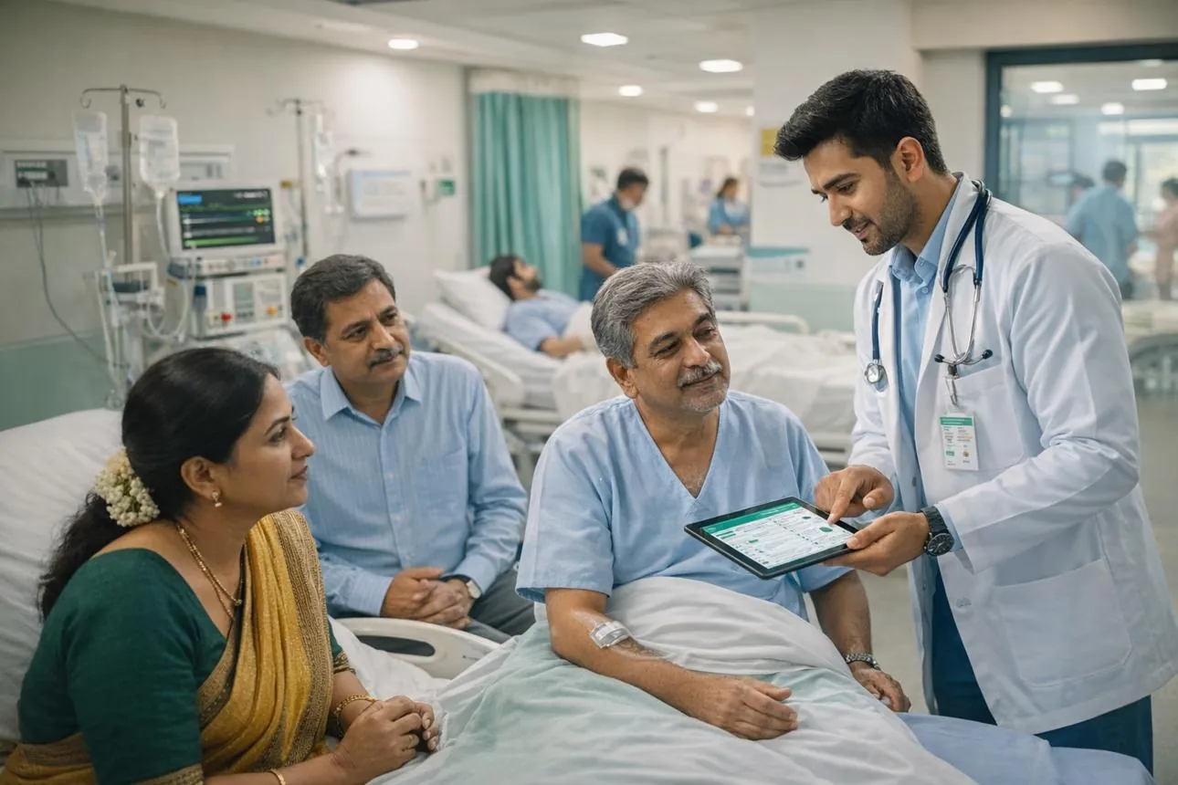 Doctor using a tablet at the bedside to review digital patient records with a patient and family in a hospital ward