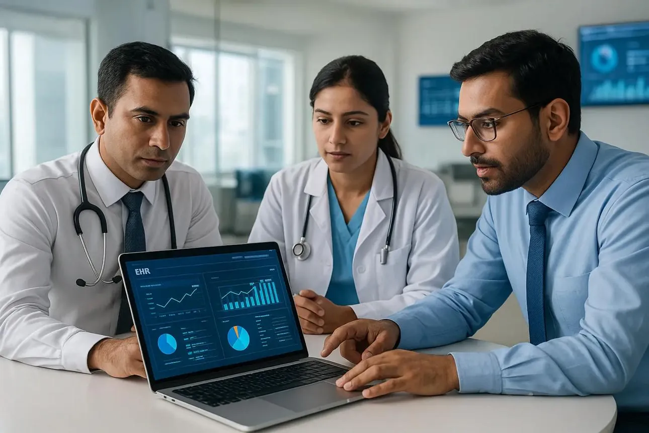 Hospital management team analysing occupancy, ARPOB, revenue and operational performance through integrated hospital analytics dashboards