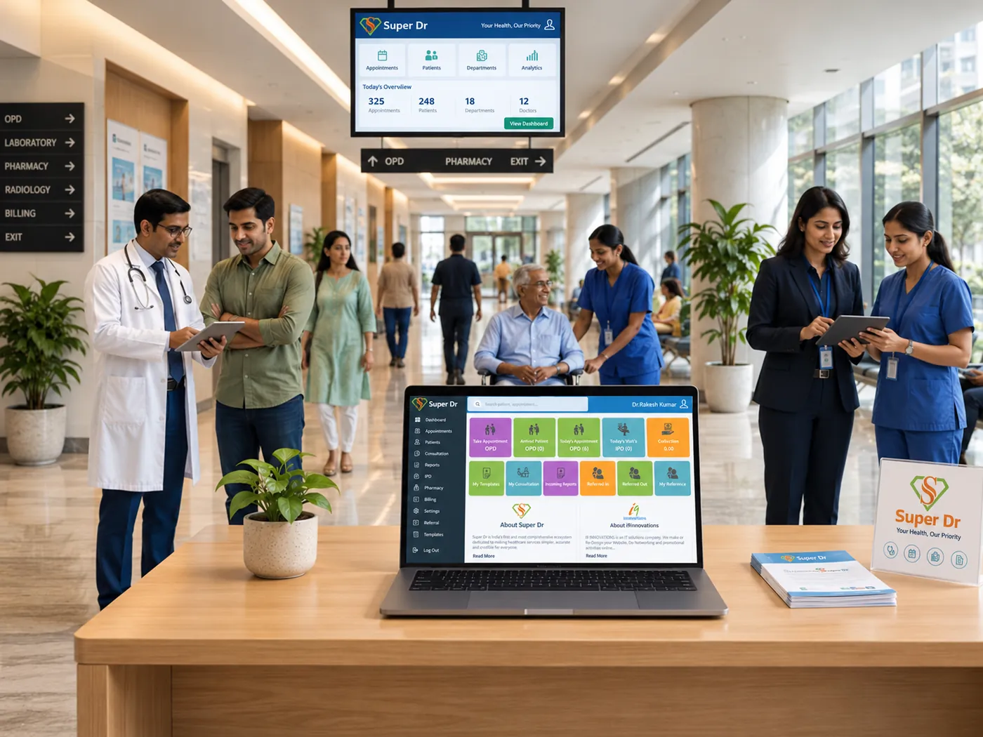 Modern Indian hospital using integrated HMIS and digital workflows for patient registration, clinical coordination and hospital management by VR Care