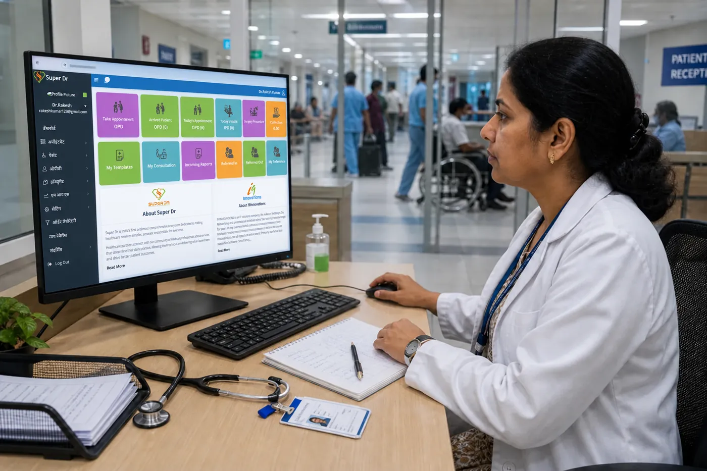 Indian doctors and nurses using digital patient records and connected clinical workflows through Super Dr hospital management software