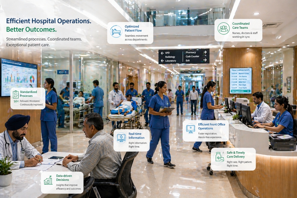 Advanced hospital operations and management system in action showing coordinated patient flow, real time healthcare data dashboards, efficient front office operations, clinical workflow management, and multidisciplinary care teams in a modern multispecialty hospital environment by VR Care experts vrcare.in